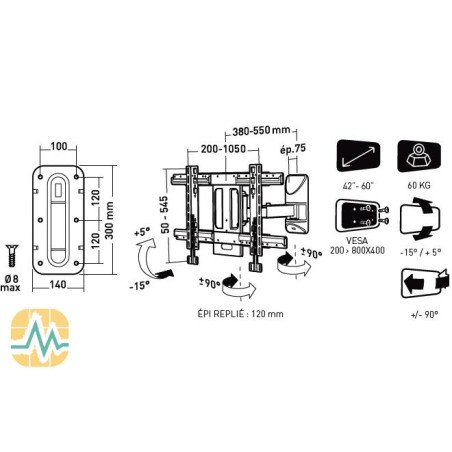 Support mural incl. orien 40 à 75 (102 à 190 cm)