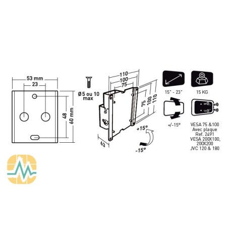 Support mural inclinable 15" à 23" (38 à 58 cm)